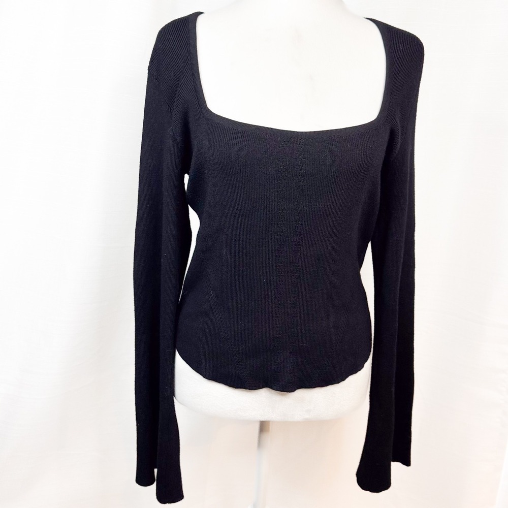 Maeve Anthropologie Ribbed Knit Top Medium Black Square Neck Bell Sleeve